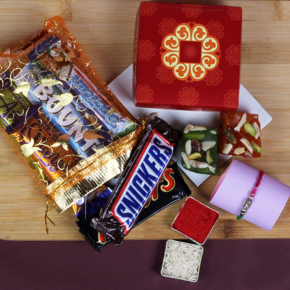 Rakhi Gift Hamper of Mix Imported Chocolates and Karachi Halwa