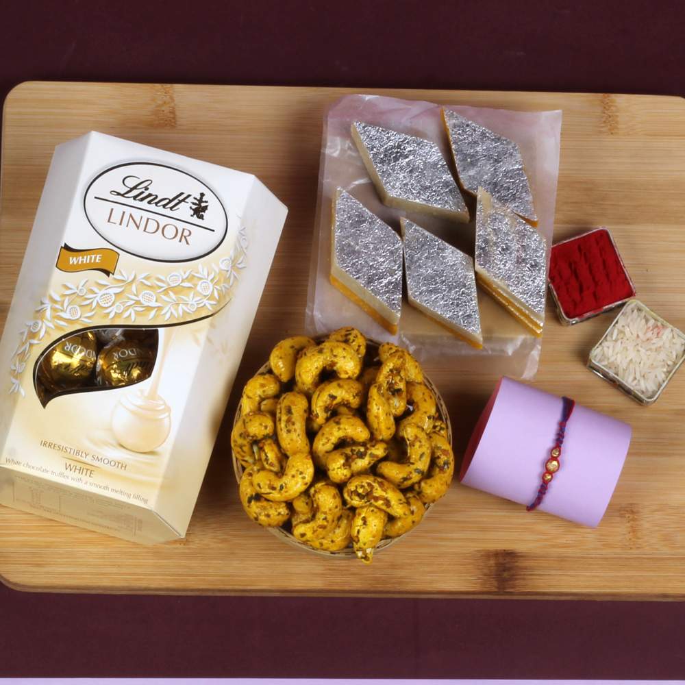 Best Rakhi Gift of Kaju Sweet and Lindor Chocolates with Cashew