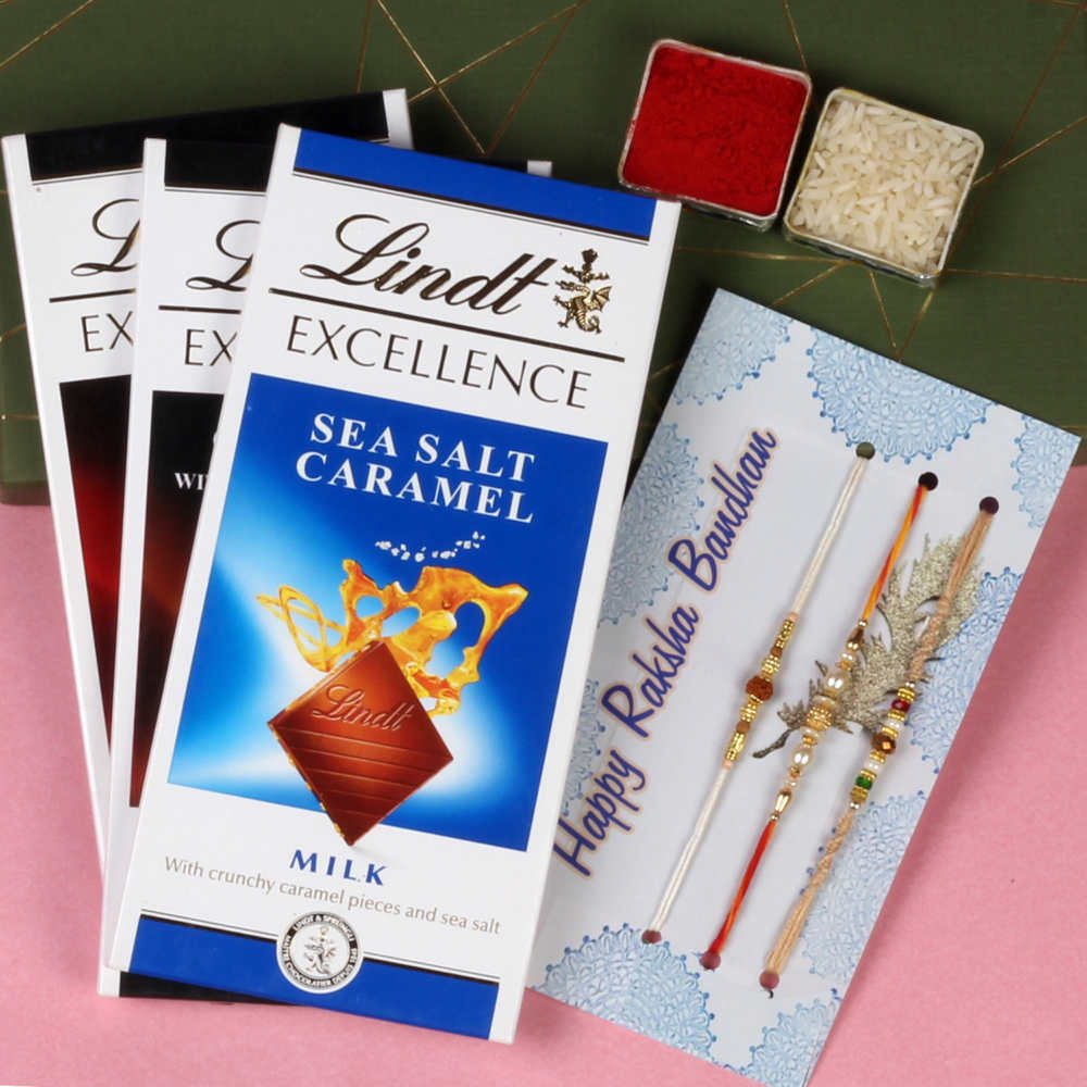 Combo of Three Rakhi with Three Lindt Excellence Chocolates