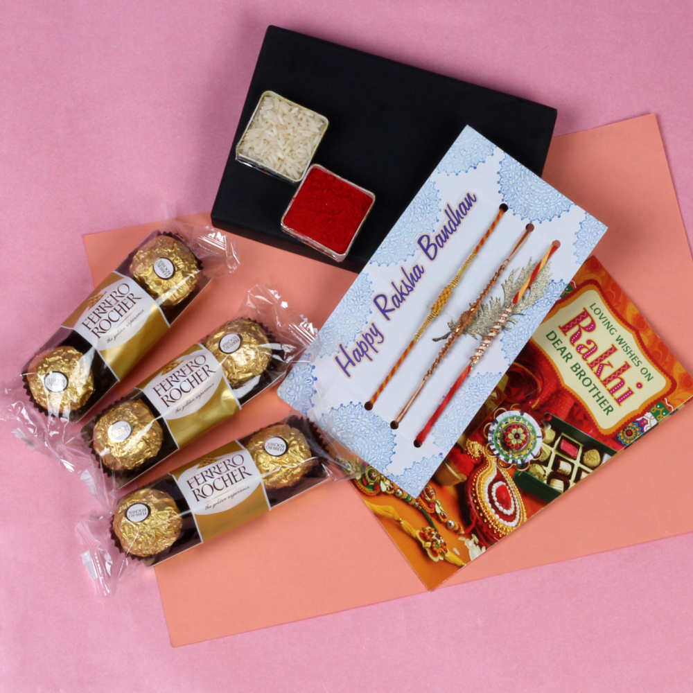 Three Rakhi with 3 Pcs Rocher Chocolates for Brothers