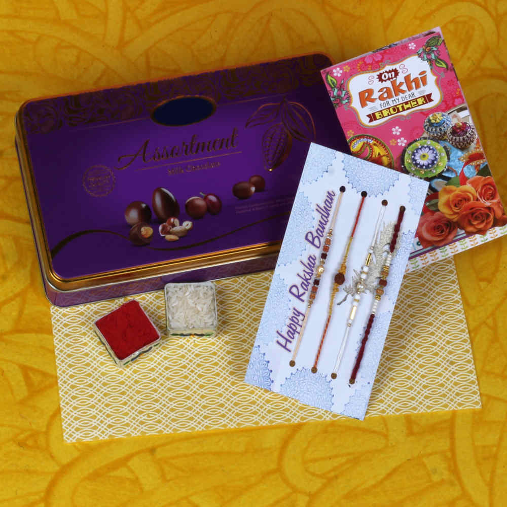 4 Designer Rakhis Gift of Assortment Chocolate Box