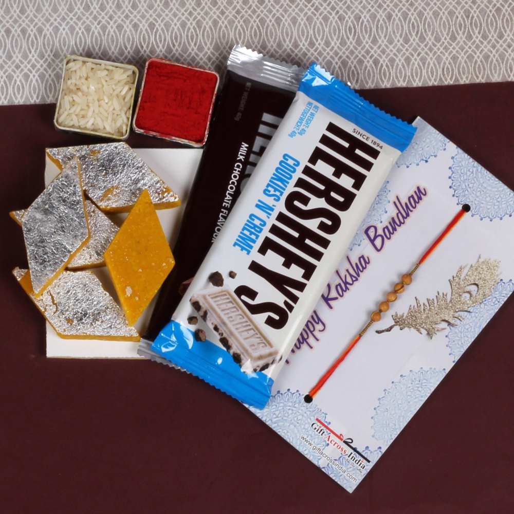 Rakhi Hamper of Hershey's Chocolate and Kesar Kaju Katli