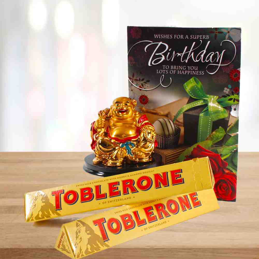 Birthday Combo of Toblerone Chocolates Laughing Buddha and Card