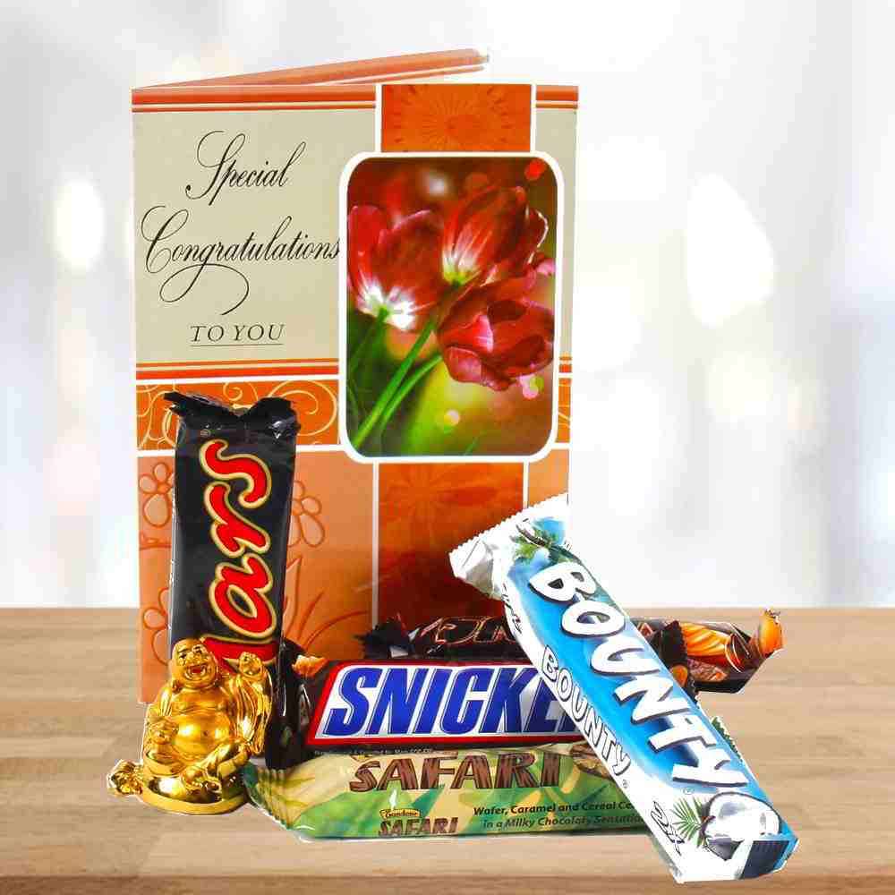 Imported Chocolates with Tiny Laughing Buddha and Congratulations Card
