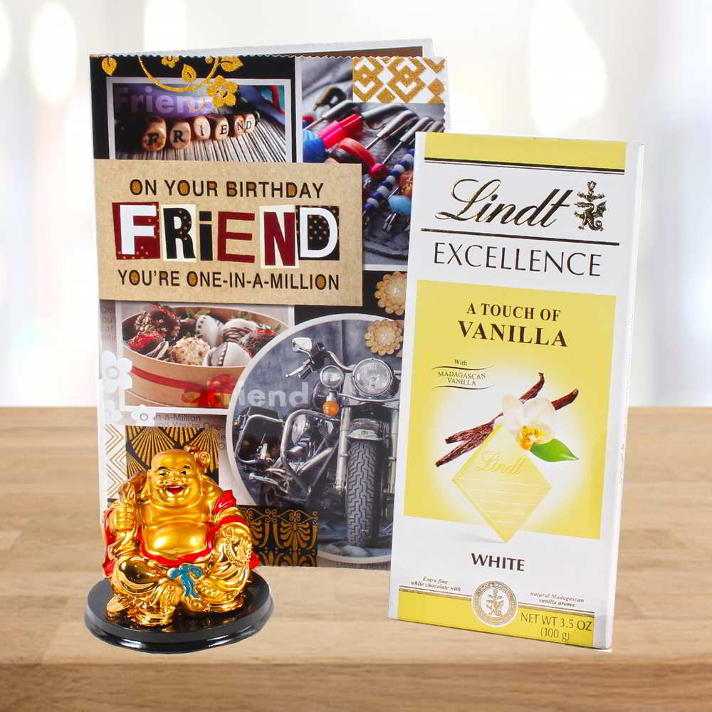 Lindt Excellence Chocolate and Laughing Buddh with Birthday Card For Friend