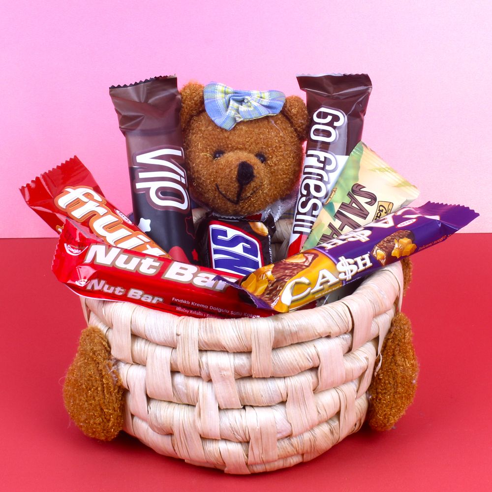 Cute Teddy Basket full of Imported Chocolate