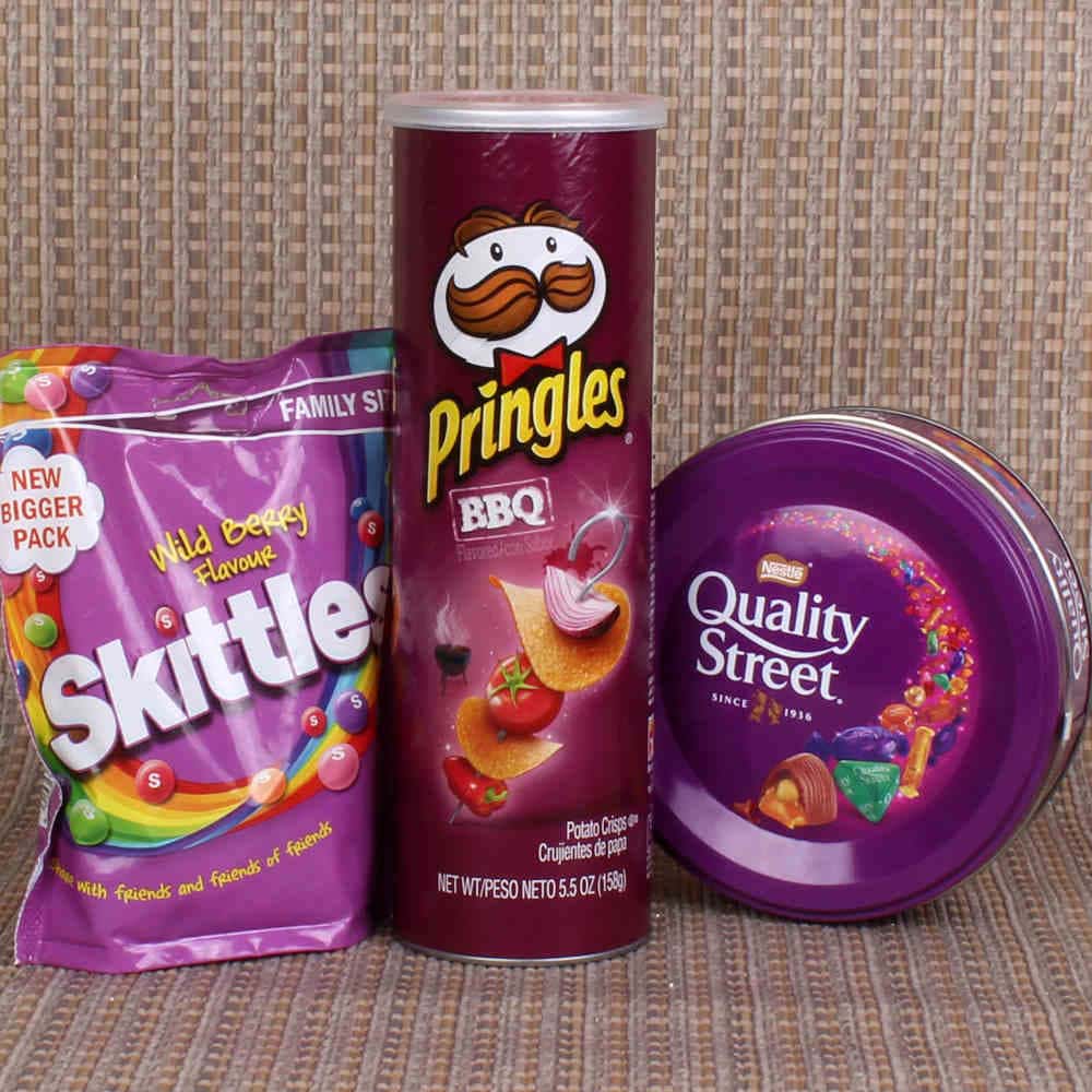 Quality Street Skittles Chocolates and Pringles wafers