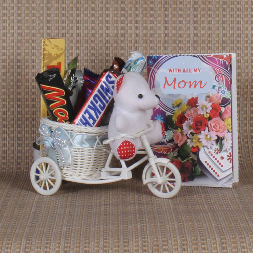 Cute Teddy Cycle with Chocolates for Dear Mom