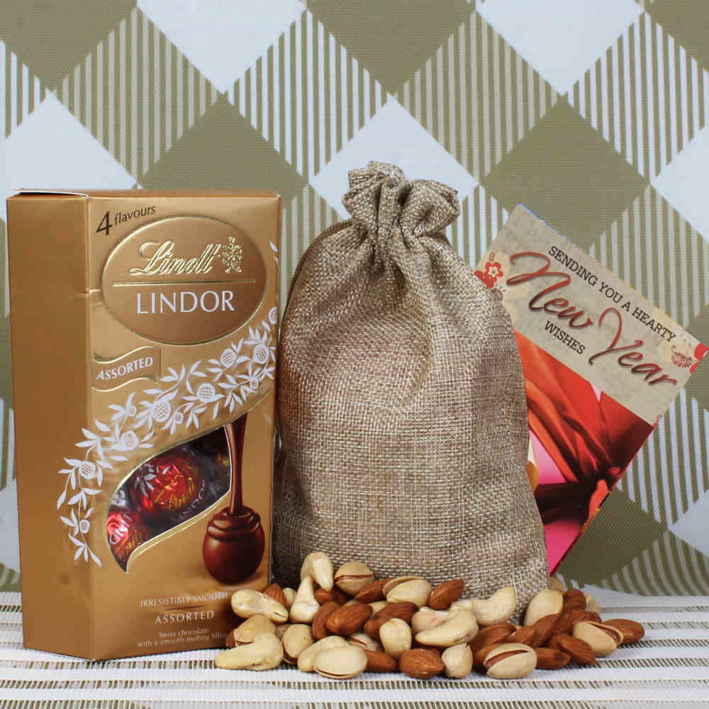 Lindt Lindor and Dry fruit with New Year Greeting Card