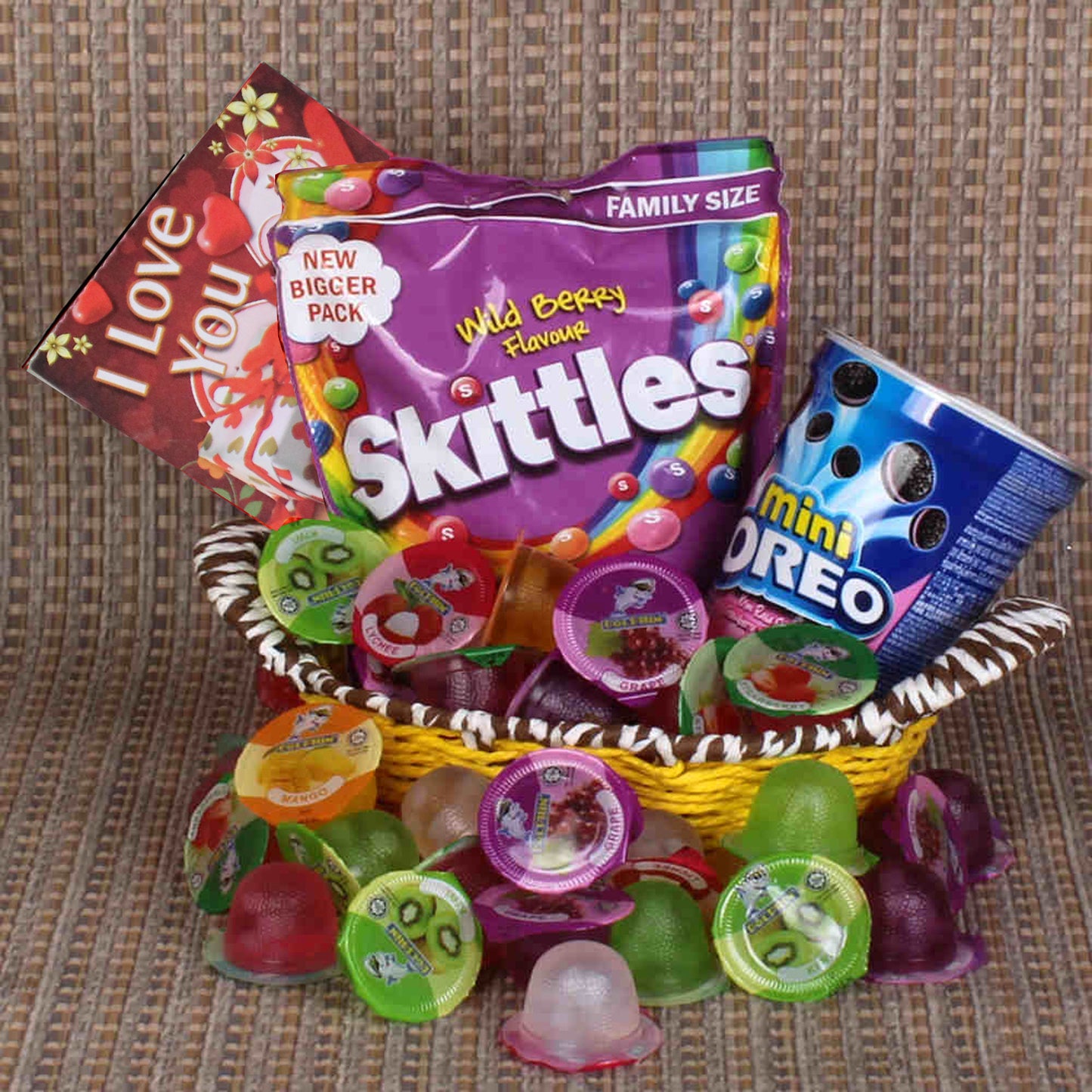 Valentines Gift Basket of Skittles and Mini Oreo with Fruit Jelly