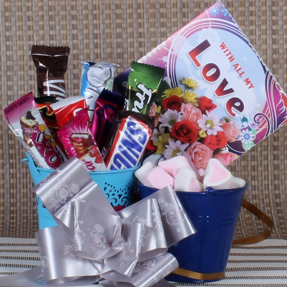 Bucket of Imported Chocolates and Marshmallow Candies for Valentines