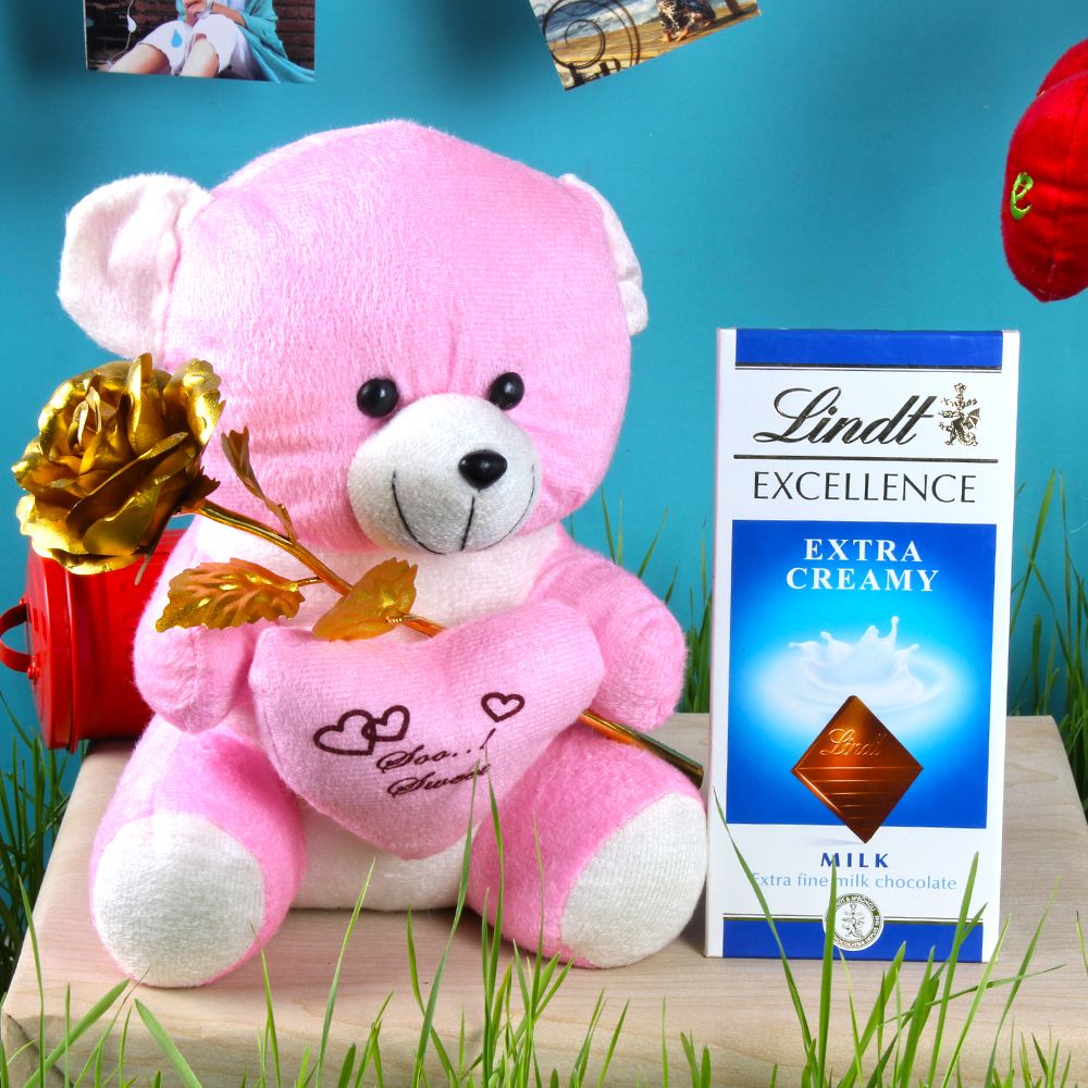 Cute Teddy Bear with Golden Rose and Lindt Chocolates