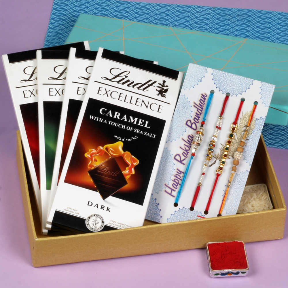 Four Rakhis with Lindt Excellence Chocolates