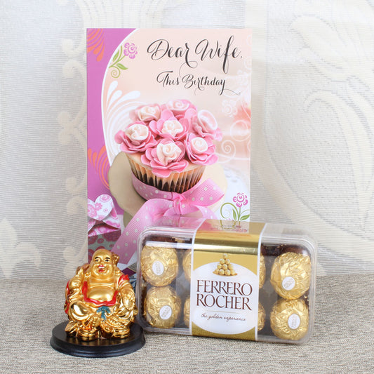 Ferrero Chocolate Box and Laughing Buddha with Birthday Card for Wife