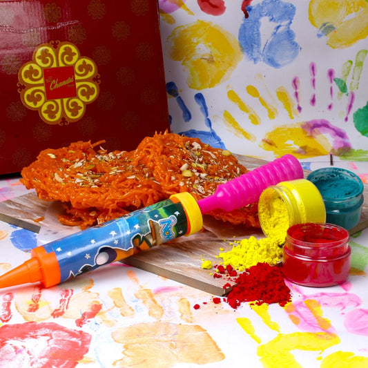 Holi Hamper Ghevar Sweet with Herbal Holi Colors and Pichkari