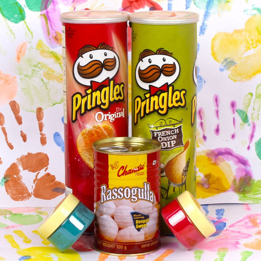 Herbal Holi Colors Pringles chips and Rasgulla